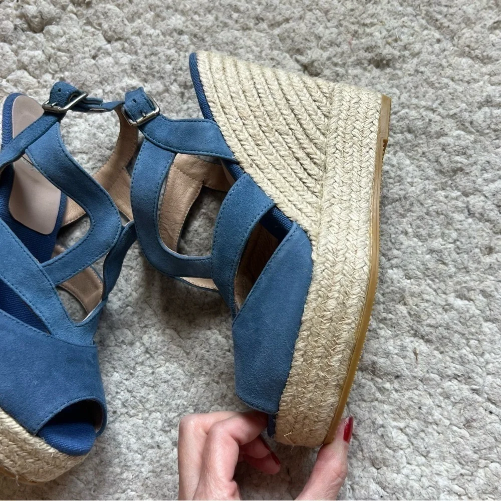 Kanna: Sky Blue Suede Espadrille Ankle Buckle Wedges NWOT Size 39